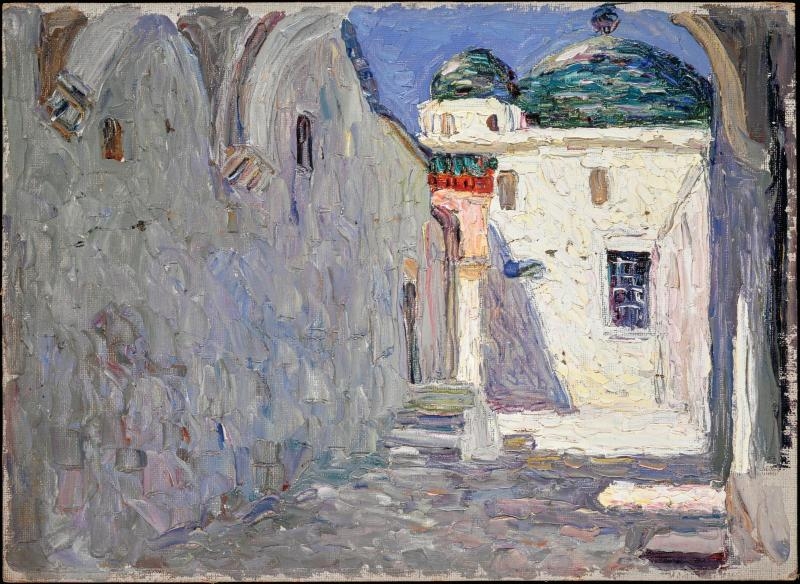 Les premières œuvres de Kandinsky, comme cette toile, n’avaient pas encore évolué vers les compositions abstraites pour lesquelles il fut connu plus tard (Centre Pompidou)