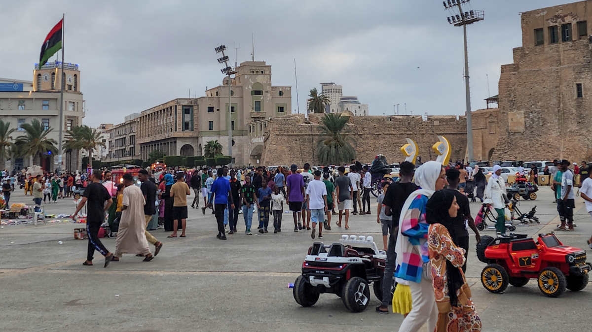 Libyans gather at the Martyrs' Square in Tripoli on 28 August, 2023 following protests against an informal meeting between the country's foreign minister and her Israeli counterpart.