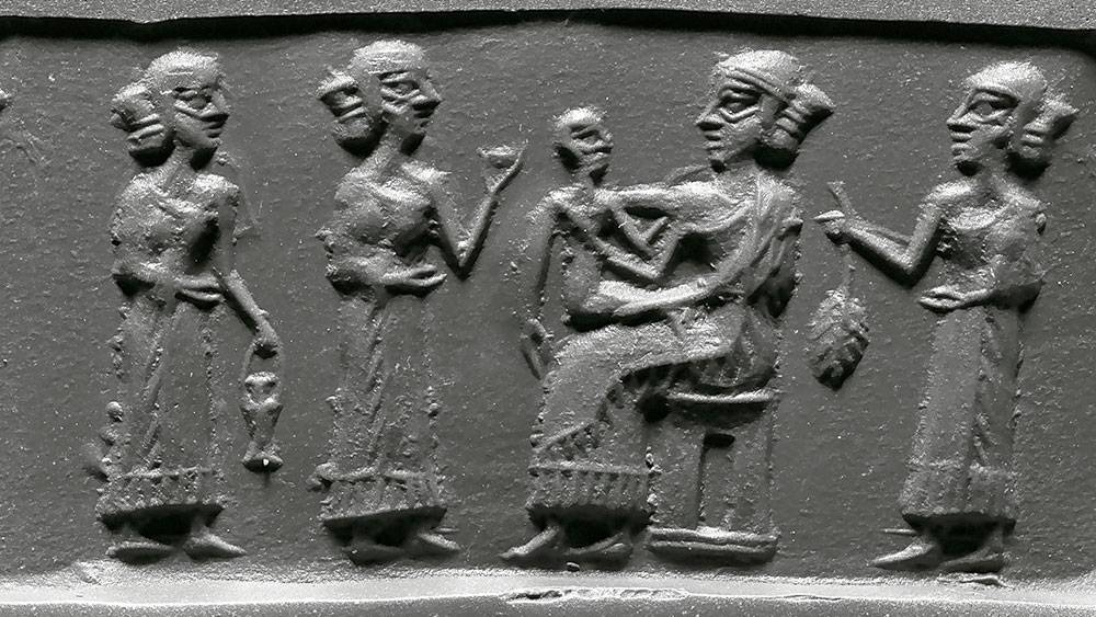 A modern print in the Akkadian style of a mother, child and attendants (Penn Museum)