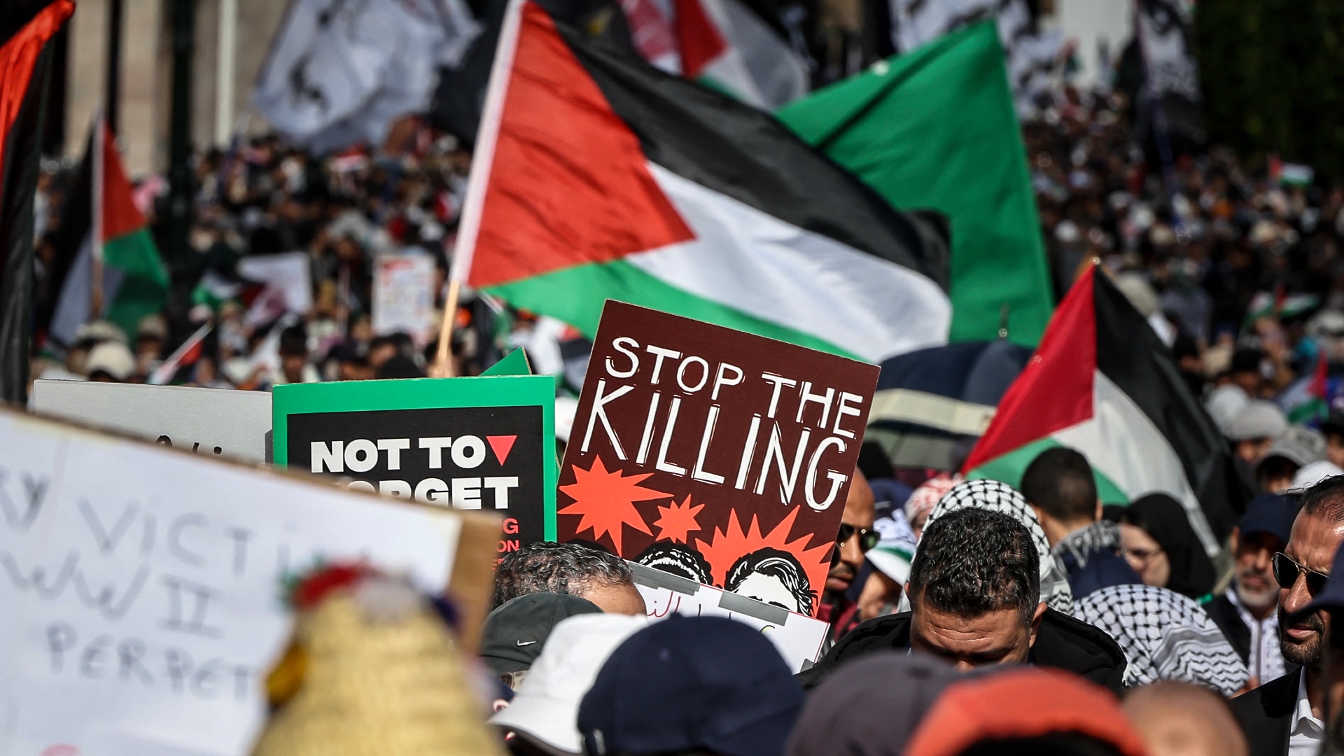 Protesters lift placards and flags of Palestine during a demonstration in solidarity with Palestinians in Rabat on 11 February 2024 (Fadel Senna/AFP)