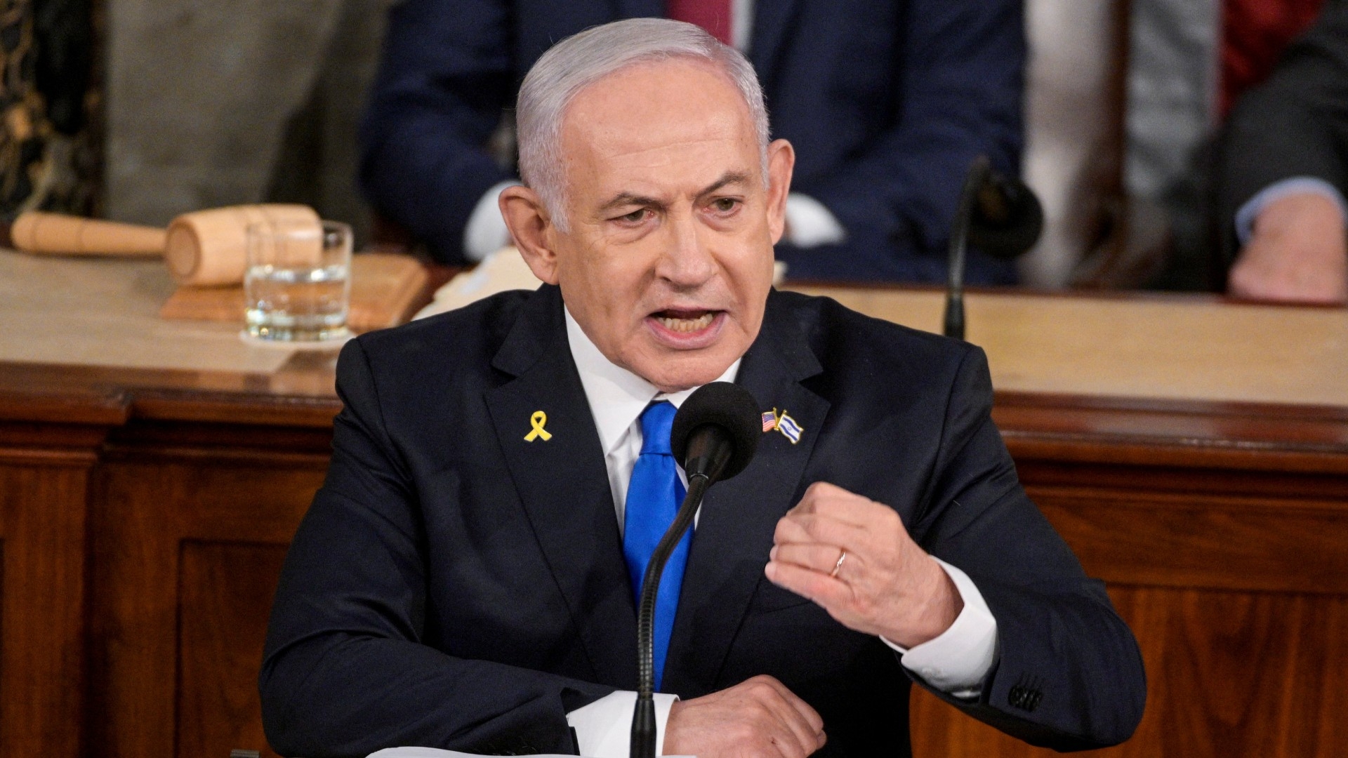 Israeli Prime Minister Benjamin Netanyahu addresses a joint meeting of Congress at the US Capitol in Washington, 24 July (Reuters)