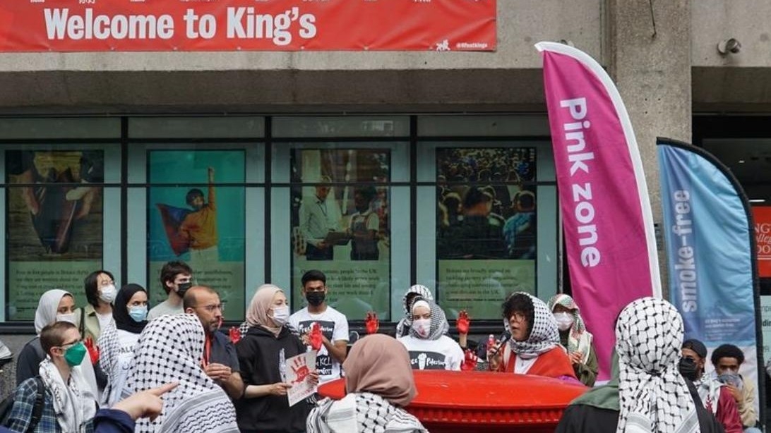 Students at King's College London gather to protest in solidarity with Palestinians in Gaza on 24 June 2024 (MEE/provided) 