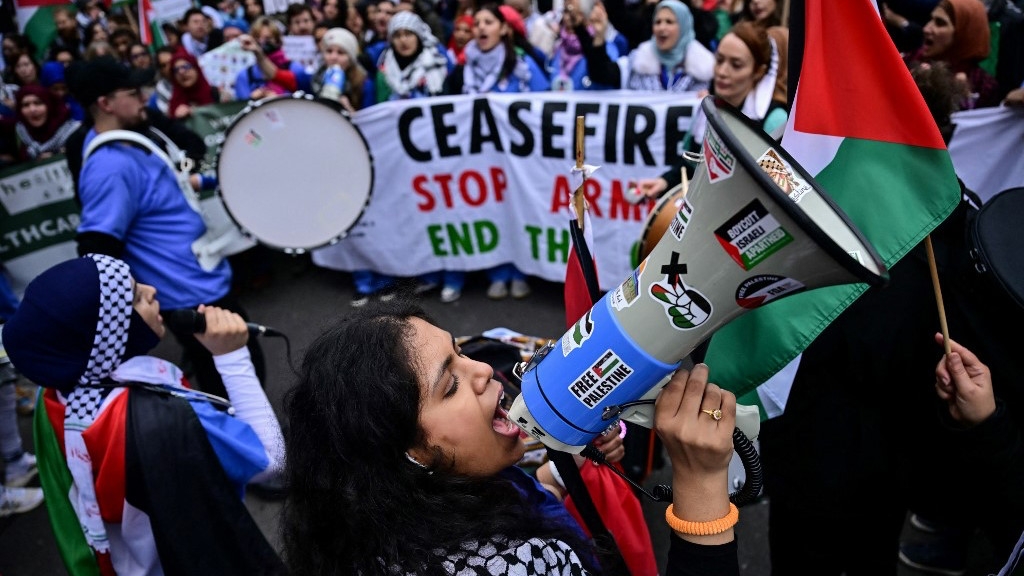 Pro-Palestine protesters march in central London last month demanding a ceasefire in Gaza as Israeli forces bombard the besieged enclave (AFP)