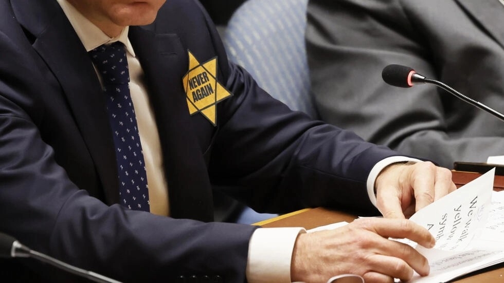 Israel's UN ambassador Gilad Erdan seen here wearing a yellow star at the UN Security Council, which symbolised Jewish persecution at the hands of the Nazi's (AFP) 