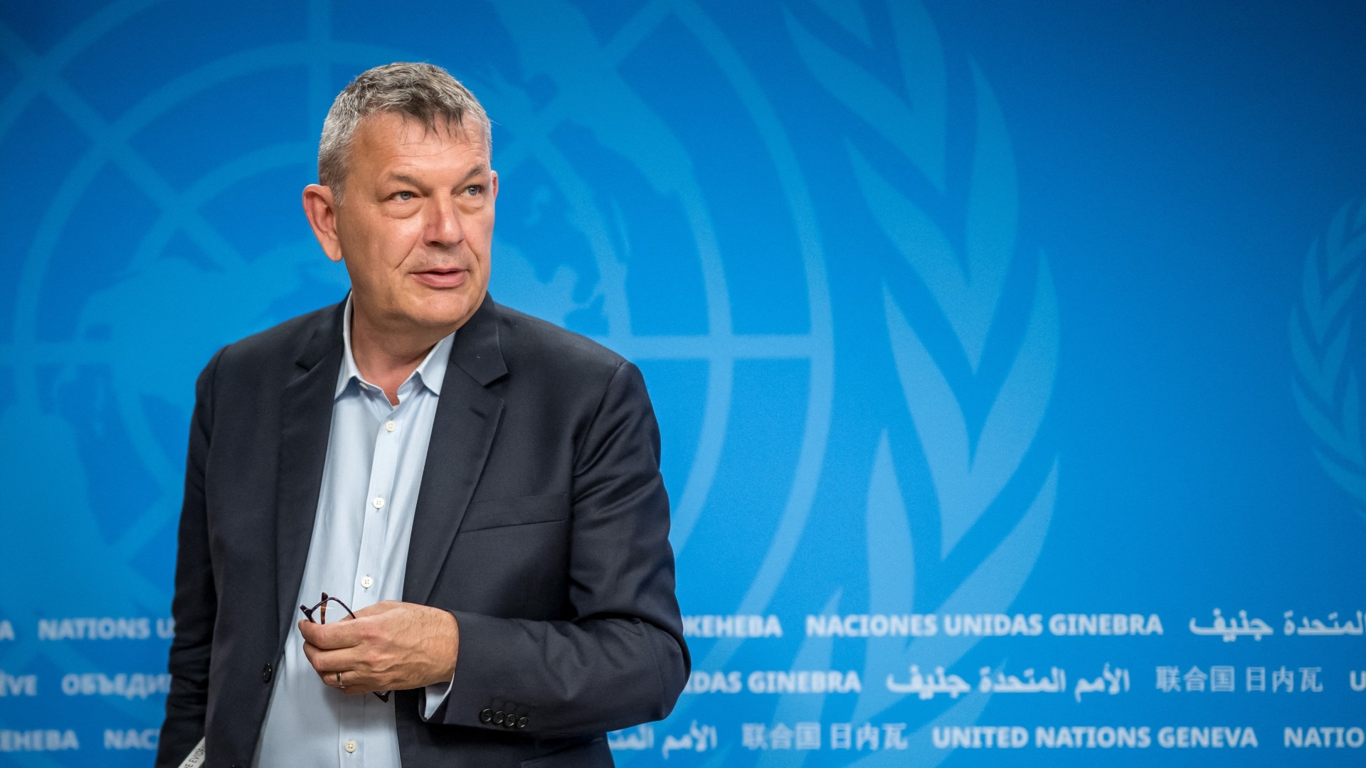 Philippe Lazzarini at the United Nations offices in Geneva, on 30 April (Fabrice Coffrini/AFP)