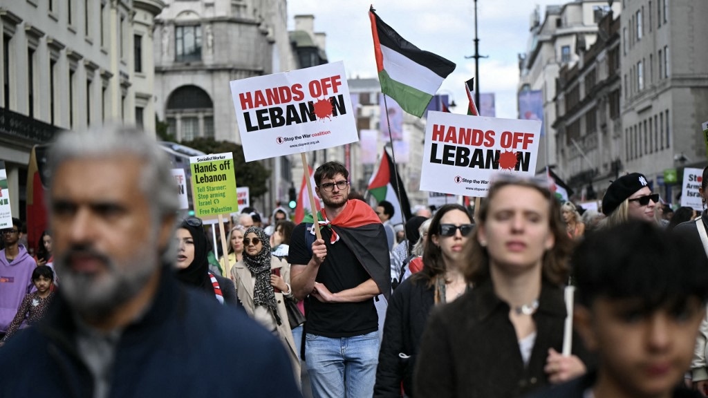 Pro-Palestinian activists and supporters in central London during a march for Palestine on 5 October 2024 (Justin Tallis/AFP)