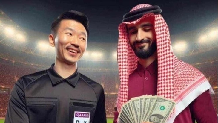 A cartoon depicting a Qatari man giving money to Ma Ning, the referee in the Asian Cup final (social media)