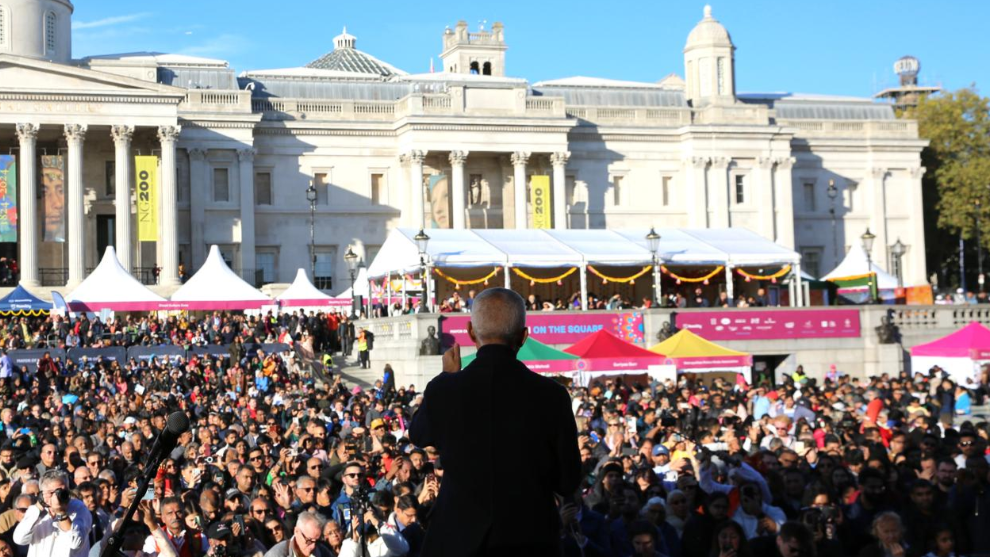 London mayor Sadiq Khan addresses crowd at the Trafalgar Square Diwali celebrations on Sunday 27 October 