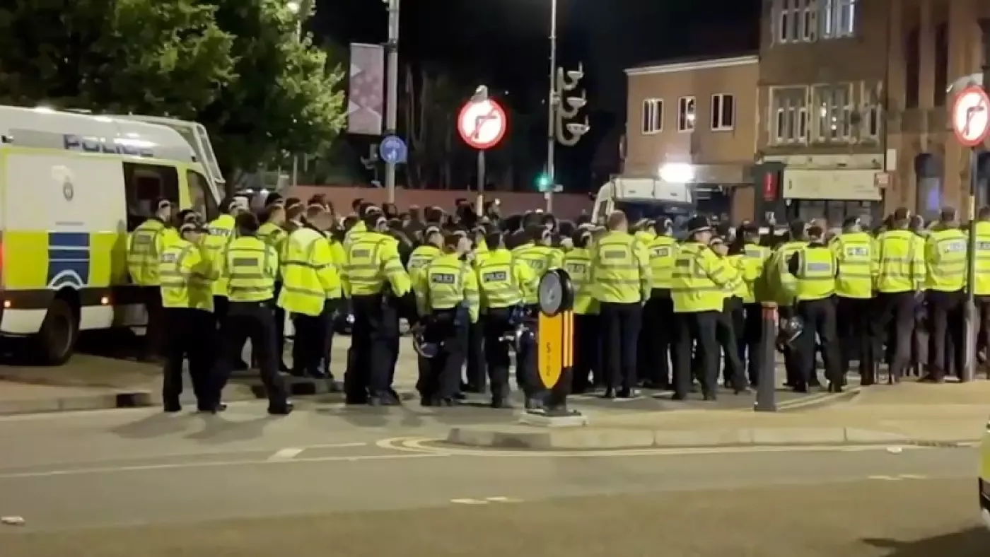 Police gather after confrontations broke out in Leicester, England in September 2022 (Screengrab/X)