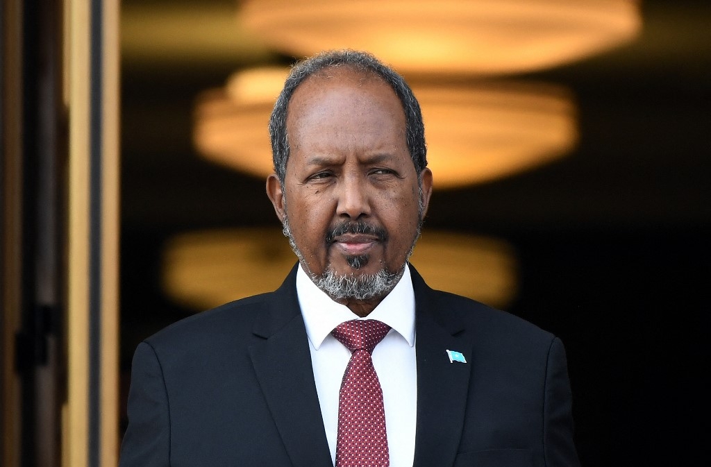Somali President Hassan Sheikh Mohamud looks on during a welcoming ceremony before talks with US Defense Secretary Lloyd Austin at the Pentagon in Washington, DC, on September 15, 2022. (AFP)