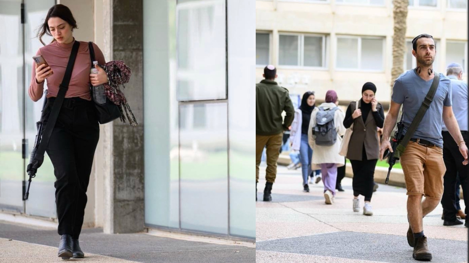 Jewish Israeli students, armed with assault rifles, resume studies at Ben-Gurion University following its reopening on 31 December 2023 after delays to the start of the academic year due to Israel's ongoing war on Gaza (Social Media)