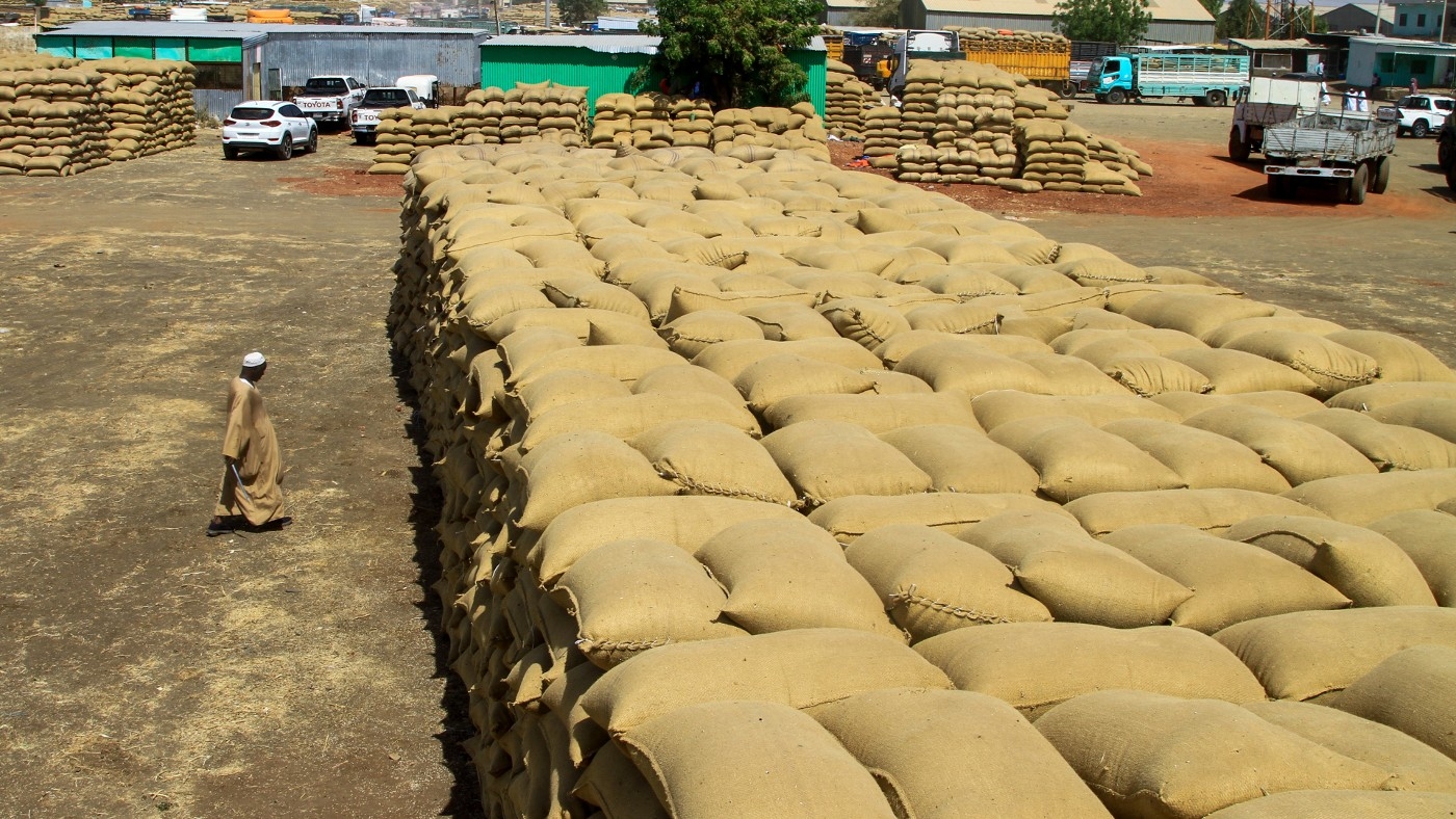 Sacks of grain at a market in Gedaref, eastern Sudan, on 22 February 2024 (AFP)