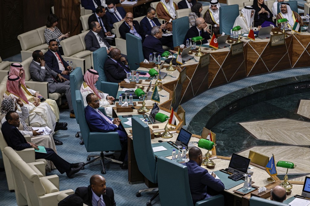 Syria's empty seat is pictured during an emergency meeting of Arab League foreign ministers in Cairo on 7 May 2023 (AFP)