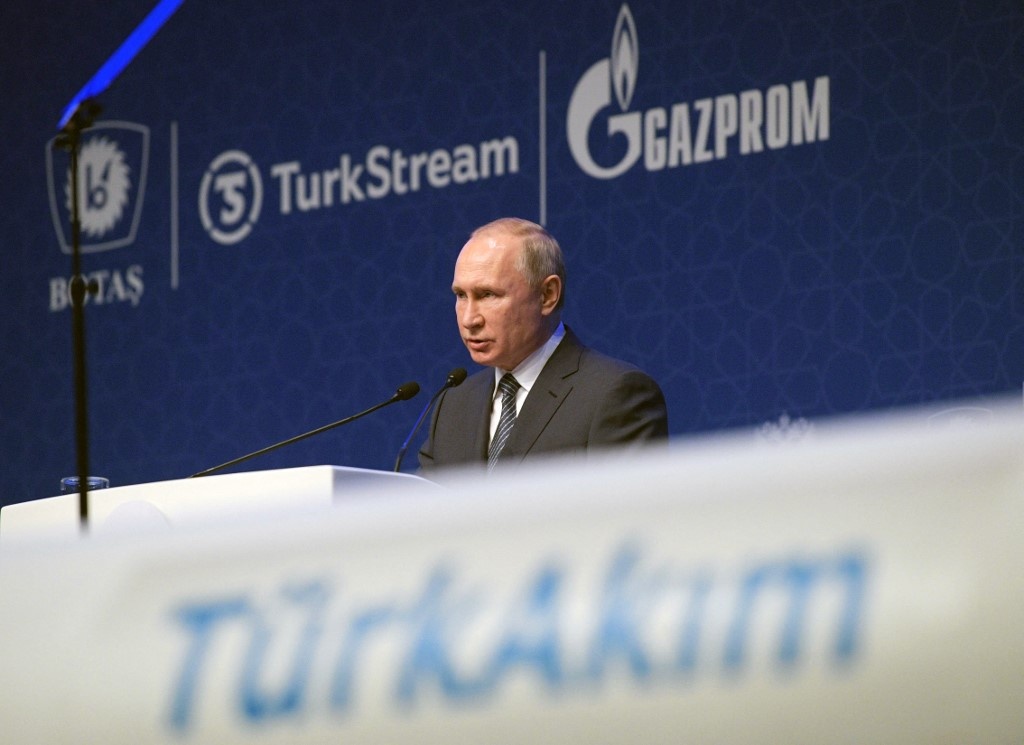 Russian President Vladimir Putin speaks as he attends the inauguration ceremony of a new gas pipeline "TurkStream" on January 8, 2020, in Istanbul. (Alexy Druzhinin /Sputnik /AFP) 