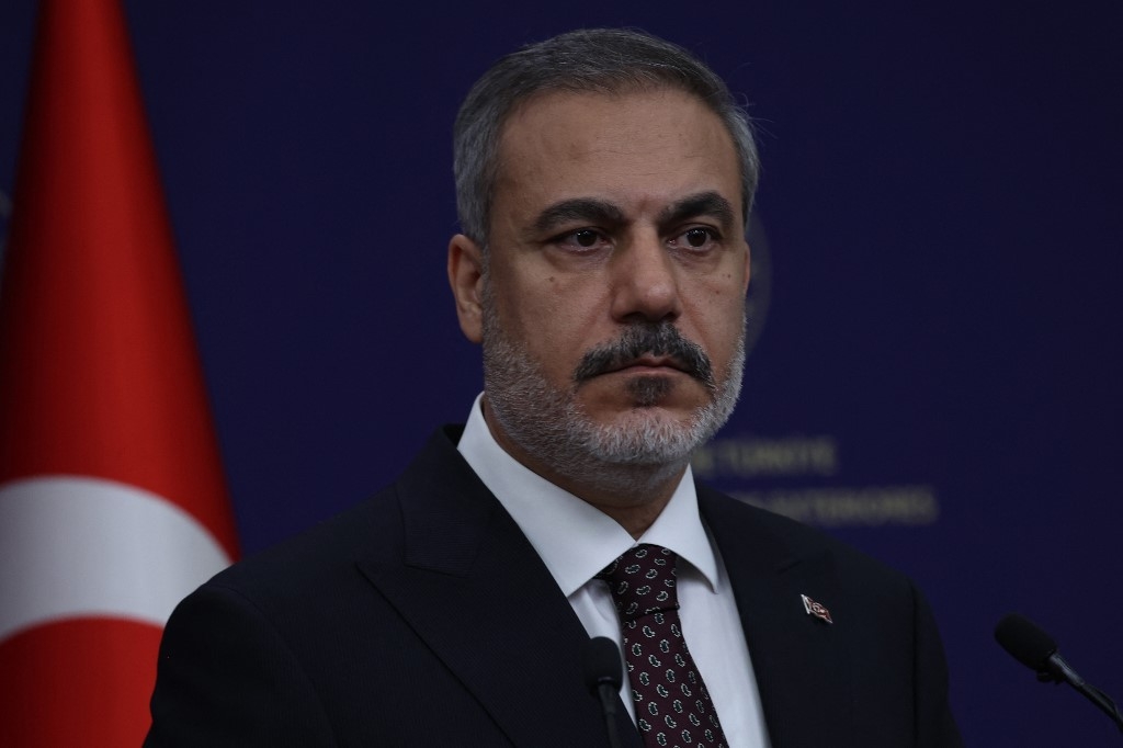 Turkish Foreign Minister Hakan Fidan looks on during a press conference with Azerbaijani Foreign Minister Jeyhun Bayramov (not pictured), in Ankara, on 31 July 2023 (AFP)