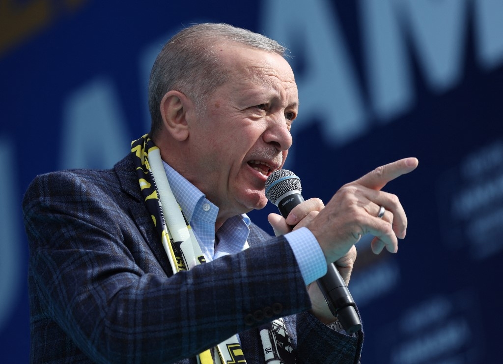 Turkish President Recep Tayyip Erdogan delivers a speech during an election campaign rally in Ankara, on 30 April 2023 (AFP)