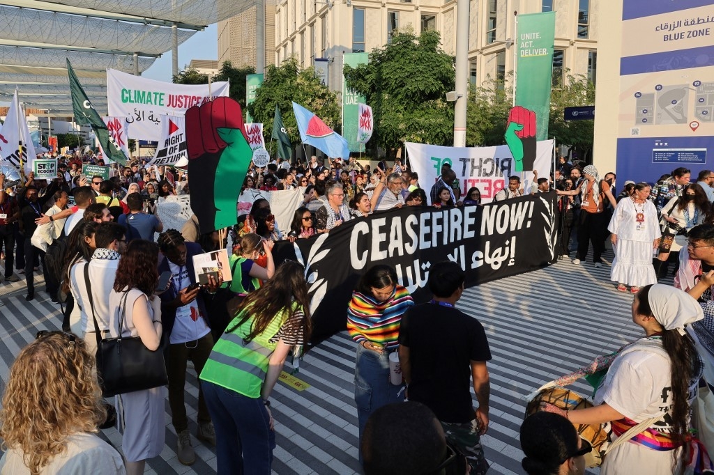 Protesters call for a ceasefire in Gaza during the COP28 summit in Dubai in December 2023 (Giuseppe Cacace/AFP)