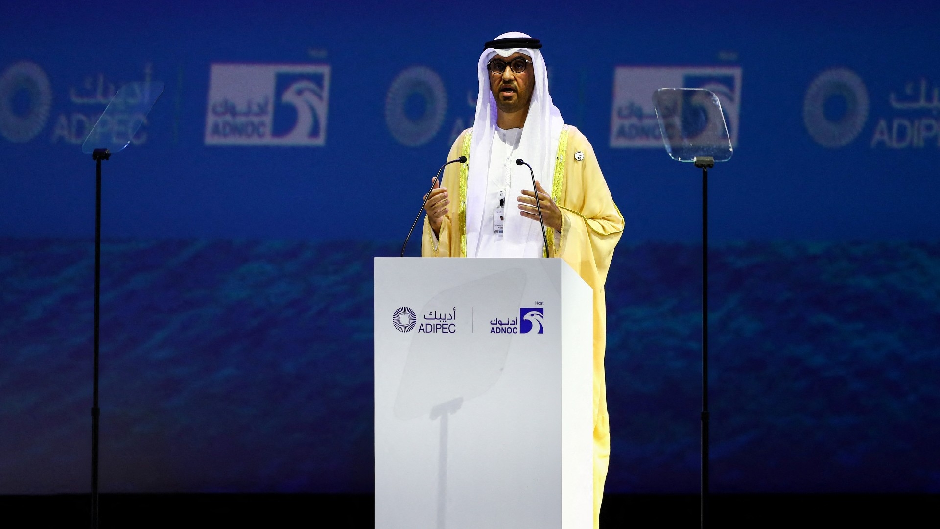 United Arab Emirates' Industry Minister Sultan Ahmed Al Jaber speaks during the Abu Dhabi International Petroleum Exhibition and Conference (ADIPEC) in Abu Dhabi on 31 October 2022 (Reuters)
