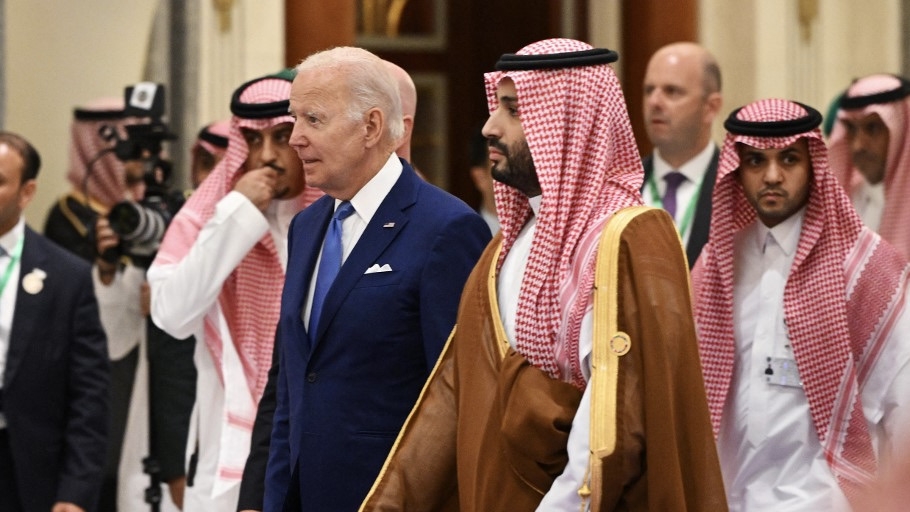 US President Joe Biden and Saudi Crown Prince Mohammed bin Salman are pictured at the Security and Development Summit in Jeddah, Saudi Arabia, on 16 July 2022 (AFP)