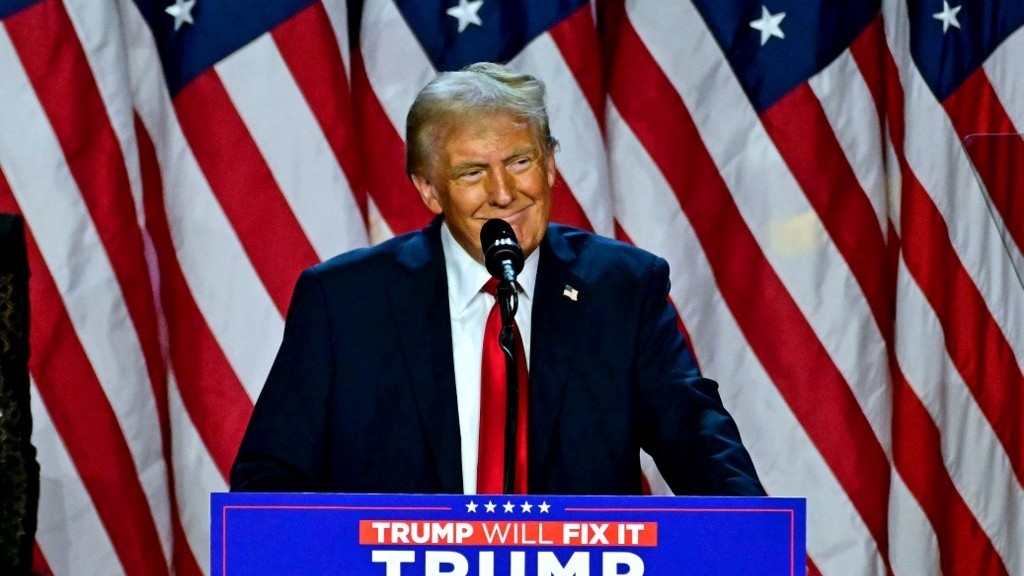 Former US President and Republican presidential candidate Donald Trump speaks during an election night event at the West Palm Beach Convention Center in West Palm Beach, Florida, on Wednesday (Jim Watson/AFP)