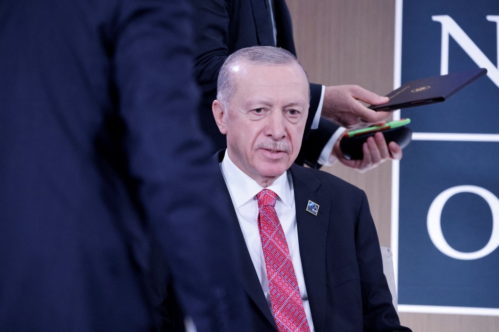 Turkish President Recep Tayyip Erdogan attends NATO 75th anniversary summit at the Walter E. Washington Convention Center in Washington, DC, on July 11, 2024. (Ludovic Marin / AFP)