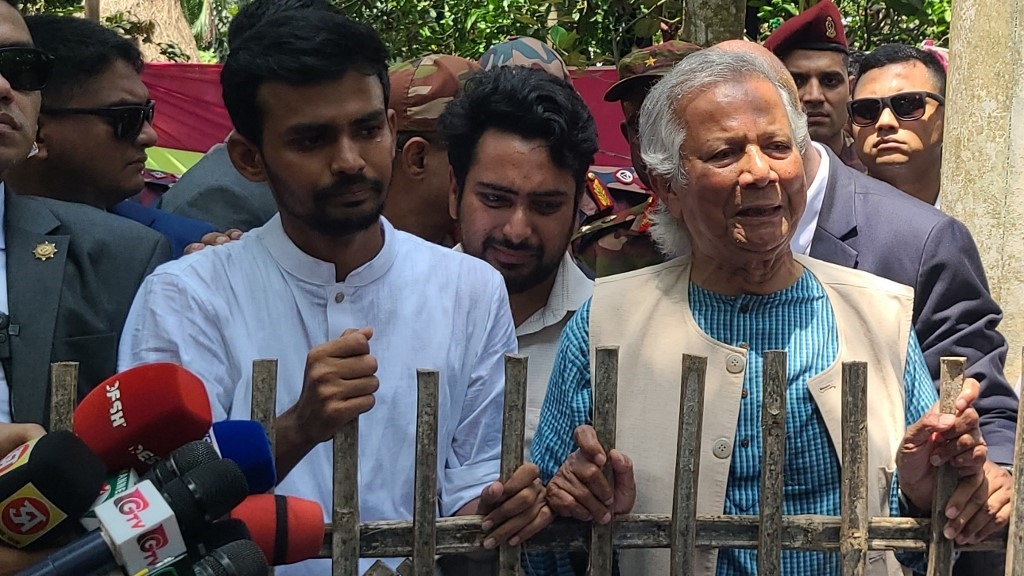 Nobel laureate and chief adviser of Bangladesh's new interim government, Muhammad Yunus (3R) visits slain Abu Sayeed's house, who was killed by police during the anti-quota protests (AFP)