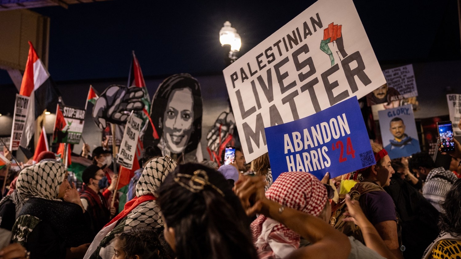 Pro-Palestinian demonstrators march blocks away from the Democratic National Convention on 22 August 2024 in Chicago, Illinois.