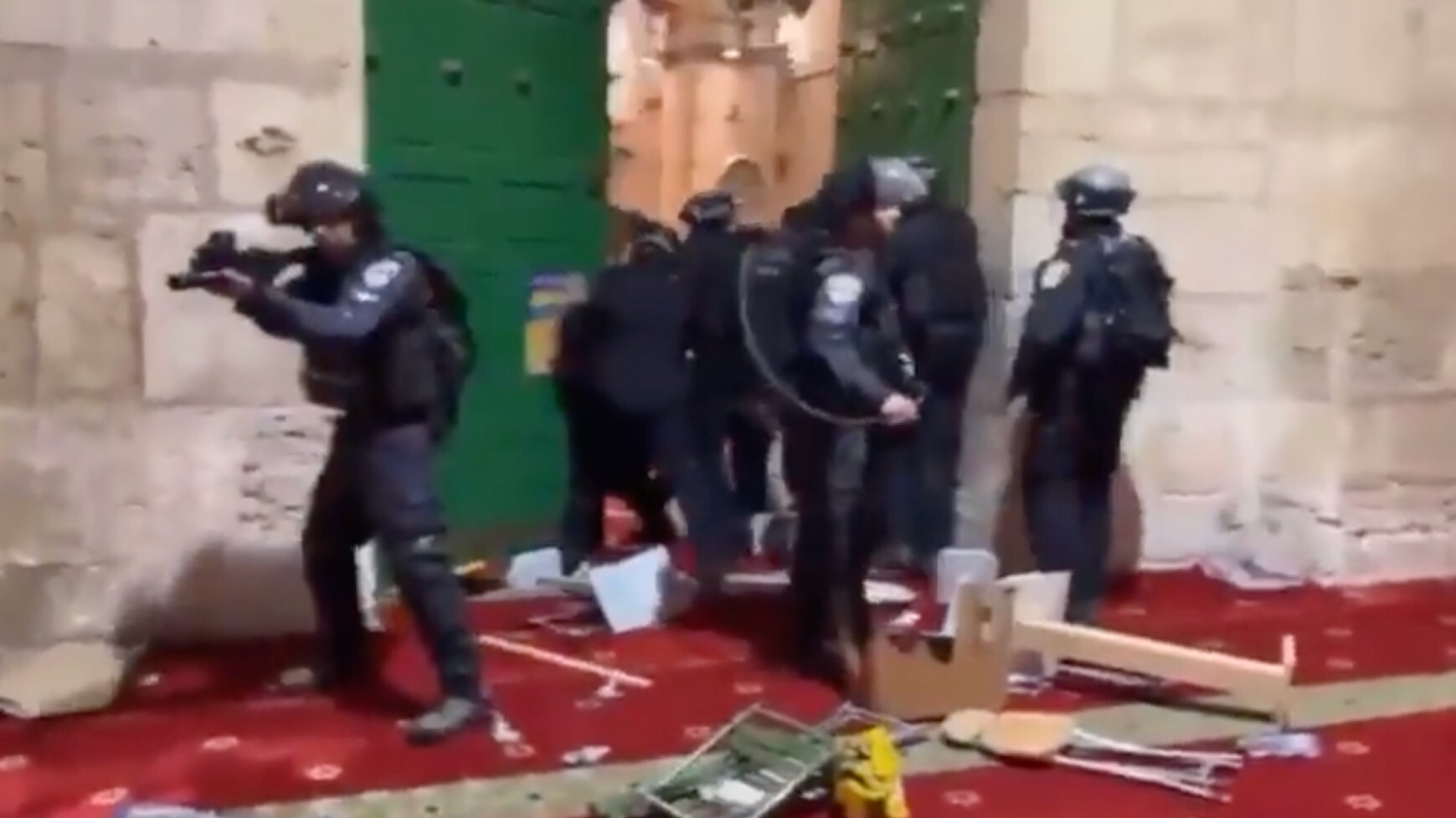 Israel forces during a raid on Al-Aqsa Mosque in occupied East Jerusalem on 5 April 2023 (Twitter/Screenshot)
