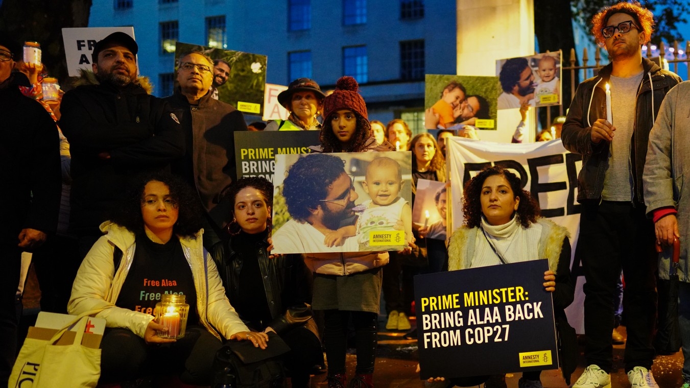 A protest in London on 6 November 2022 calling for the release of Alaa Abdel Fattah (Flikr/Alisdare Hickson)