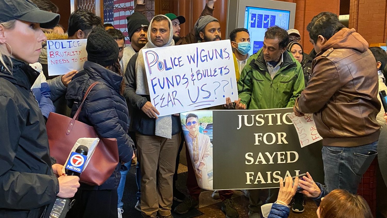 Protesters gather in city hall to protest over killing of Bangladeshi American Arif Sayed Faisal on 5 January 2023.