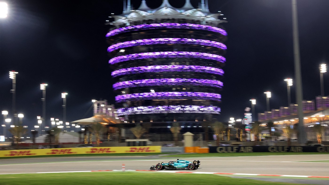 A driver goes past Sakhir Tower at the Bahrain Formula One Grand Prix on 5 March 2023 (AFP)