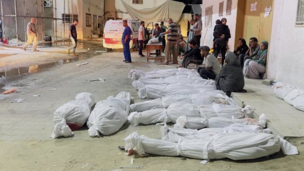 Bodies are seen outside the Kamal Adwan Hospital in northern Gaza, after an Israeli strike on the town of Beit Lahiya killed scores of Palestinians (Screengrab/X)