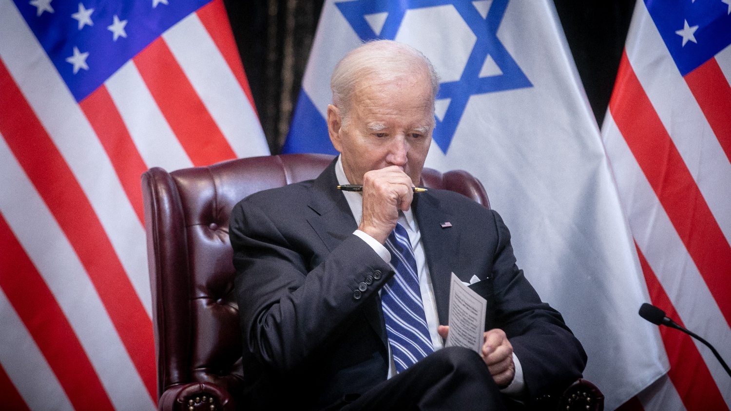 US President Joe Biden joins Israel's prime minister for the start of the Israeli war cabinet meeting, in Tel Aviv on 18 October 2023.