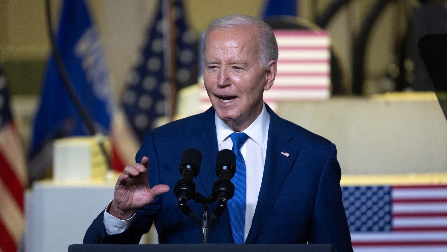 US President Joe Biden speaks to guests during an event at Gateway Technical College’s iMet Center on 8 May 2024 in Sturtevant, Wisconsin.
