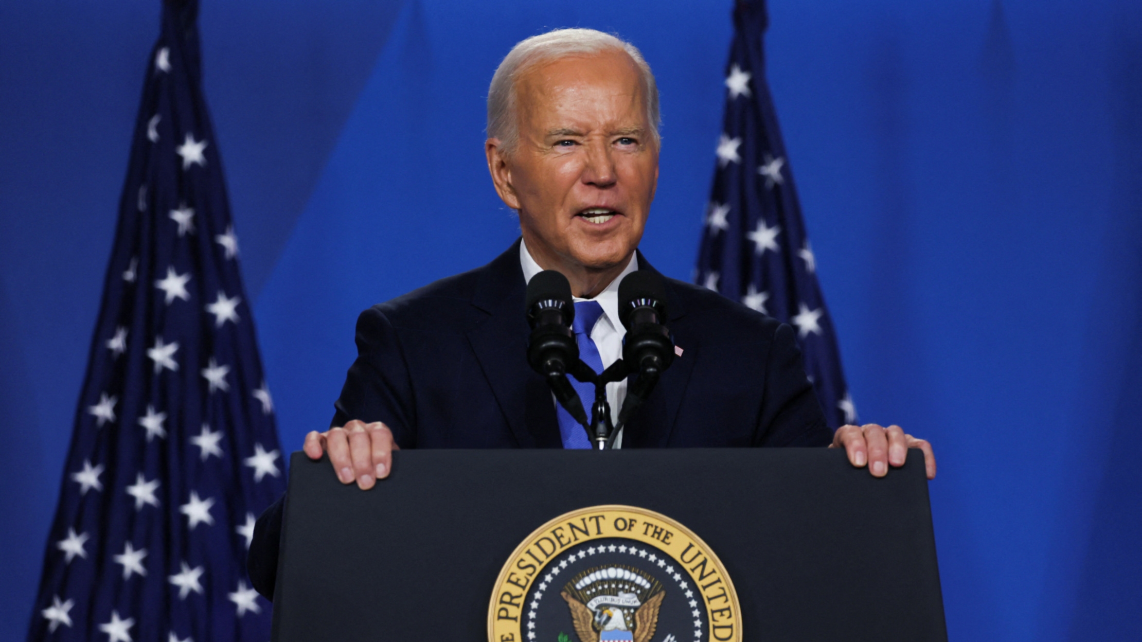 US President Joe Biden speaking at the 75th anniversary NATO Summit in Washington, DC on 11 July 2024 (Reuters/Leah Millis)