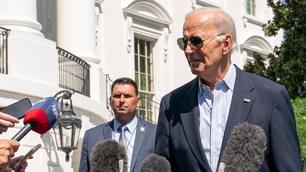 US President Joe Biden speaks to members of the media before departing the White House en route to Pittsburgh on 2 September 2024 in Washington (Nathan Howard/Getty Images via AFP)