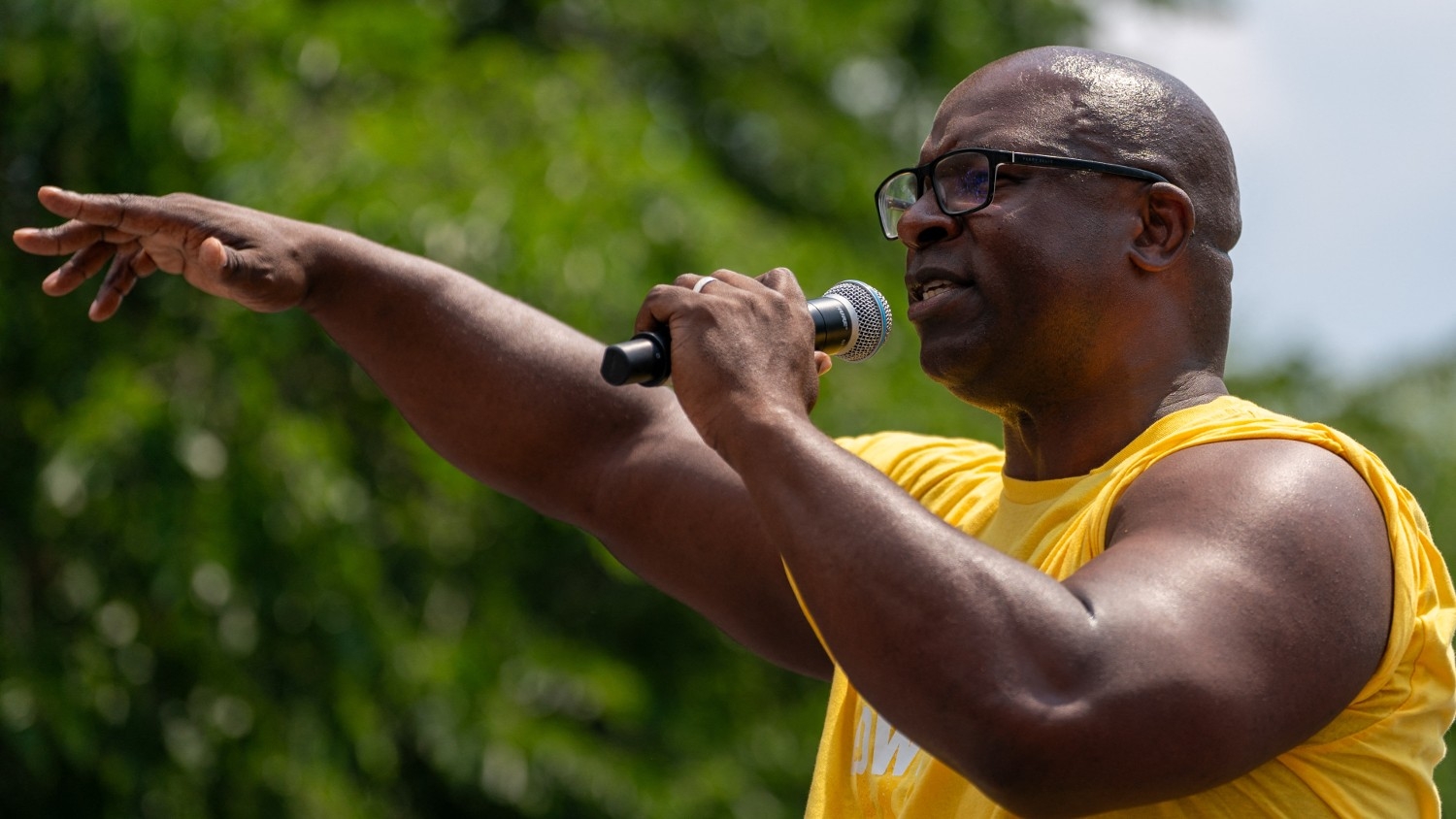 US Congressman Jamaal Bowman speaks during a rally at St Mary's Park on 22 June 2024 in the Bronx borough of New York City.