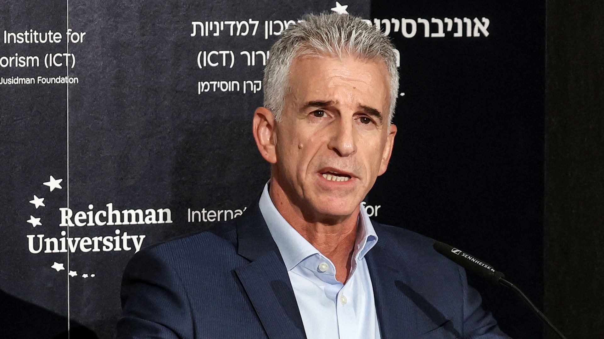 Israel's Mossad Director David Barnea speaks during the International Institute for Counter-Terrorism (ICT) World Summit in the central coastal city of Herzliya on 10 September 2023 (AFP)