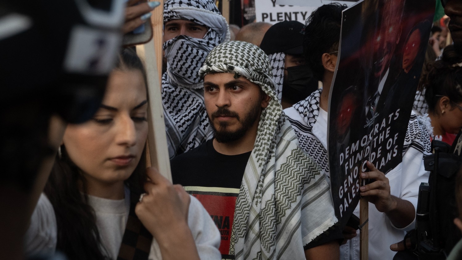 Demonstrators against Israel's war on Gaza near the United Center where the Democratic National Convention was taking place on 21 August 2024 in Chicago (Scott Olson/AFP)