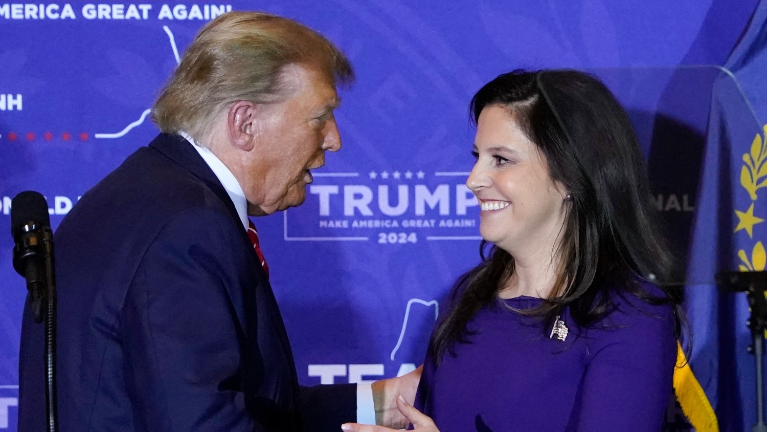 US President-elect Donald Trump greets US Representative Elise Stefanik during a campaign event in Concord, New Hampshire, on 19 January 2024.