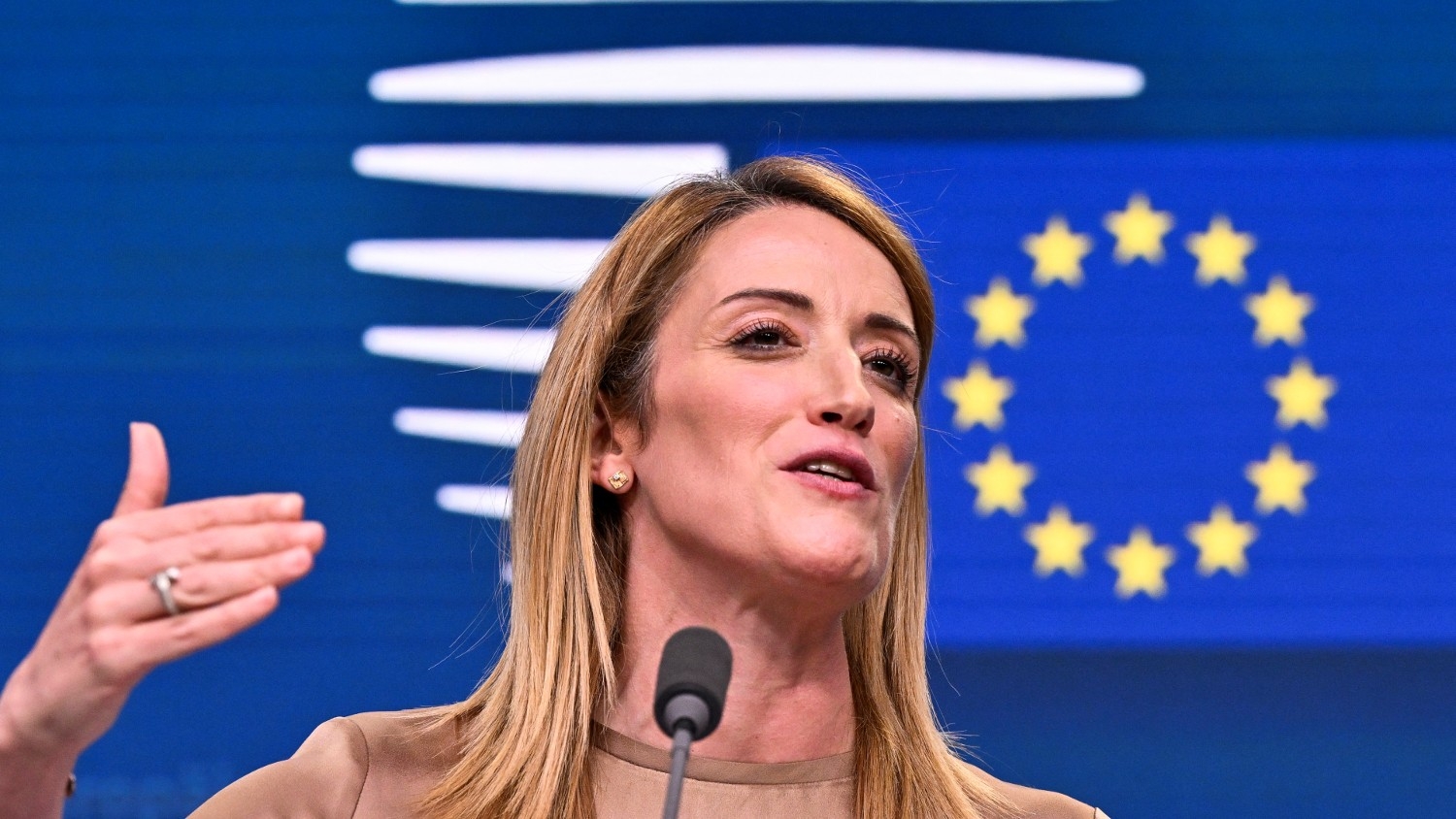 President of the European Parliament Roberta Metsola speaks during a press conference in Brussels, on 29 June 2023.