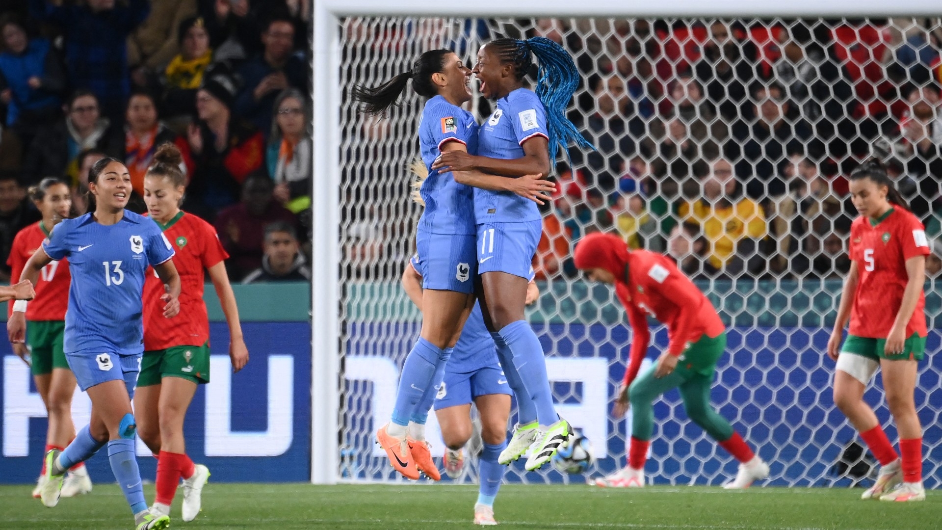 France's players celebrate during their 2023 Women's World Cup round of 16 football match against Morocco at Hindmarsh Stadium in Adelaide on 8 August 2023 (AFP)