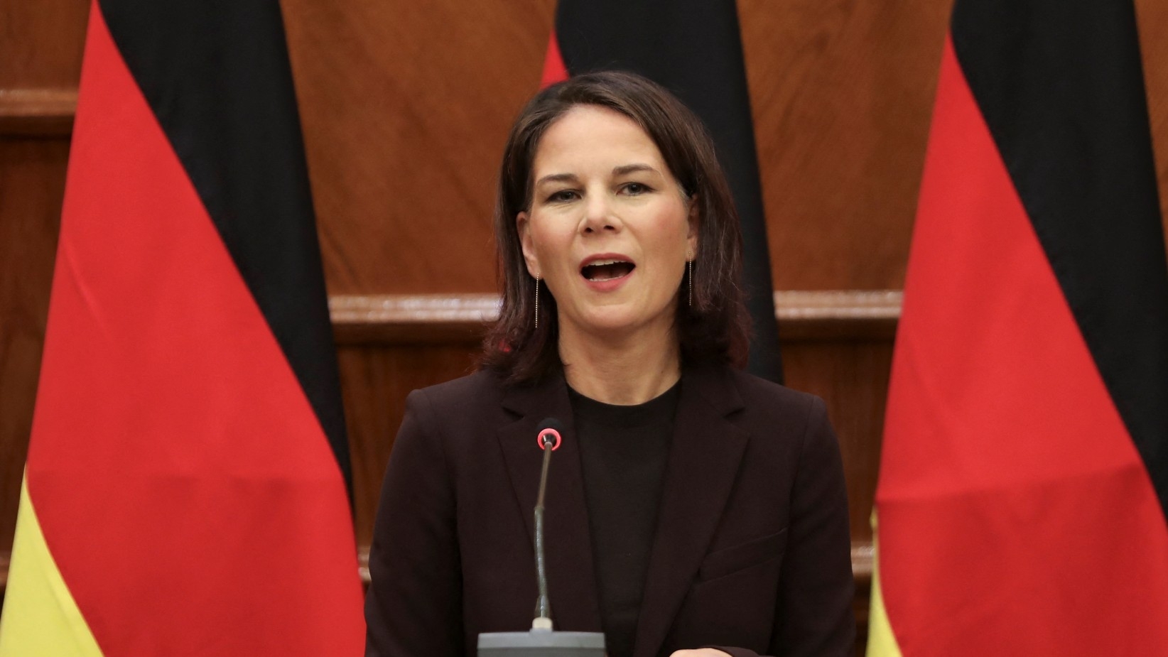German Foreign Minister Annalena Baerbock speaks during a news conference with Jordan's Foreign Minister Ayman Safadi following a meeting, in Amman, Jordan 19 October 2023 (Reuters)