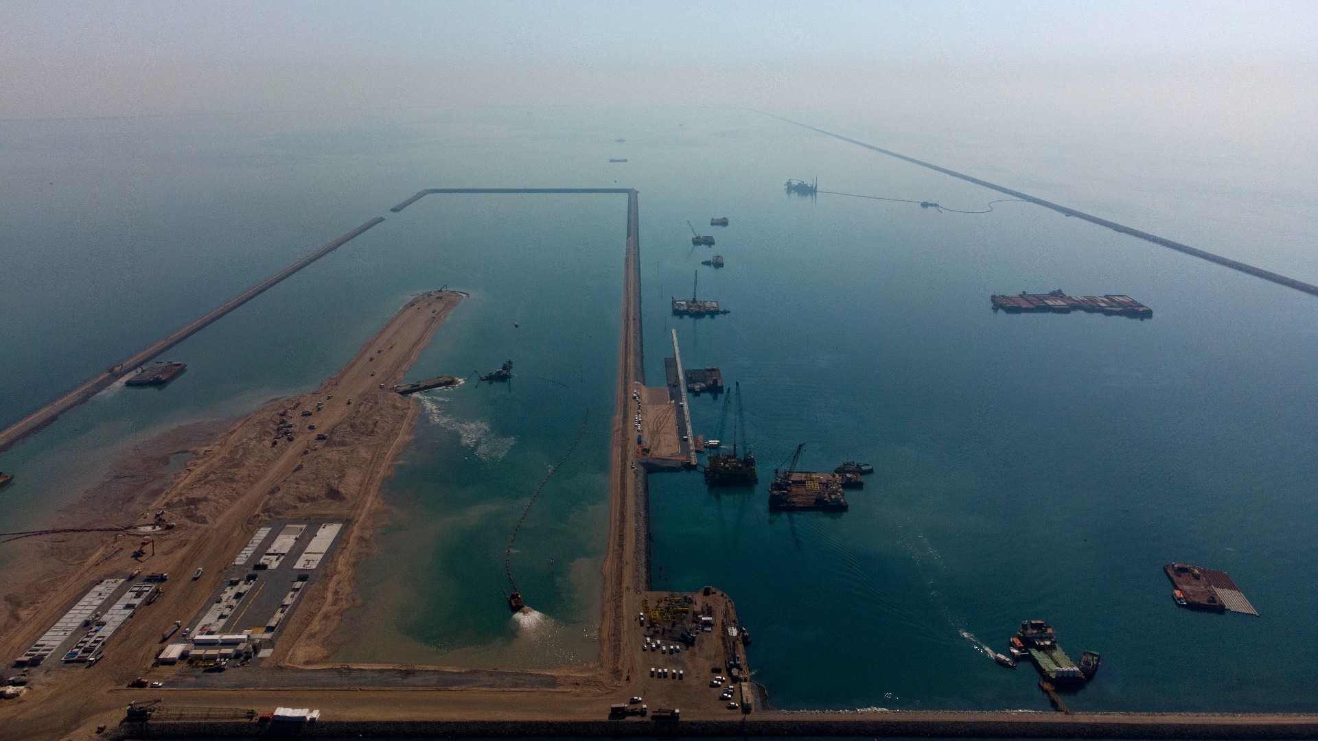 An aerial view of the piers of the Grand Faw Port project, which is under construction, in the southern city of Basra taken on 20 October 2022 (AFP)