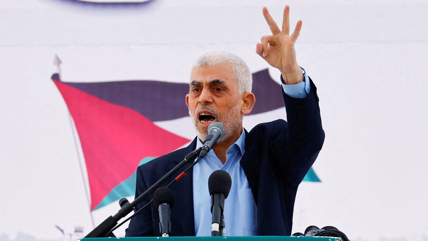 Yahya Sinwar speaks during a rally to mark the annual al-Quds Day in Gaza on 14 April 2023.