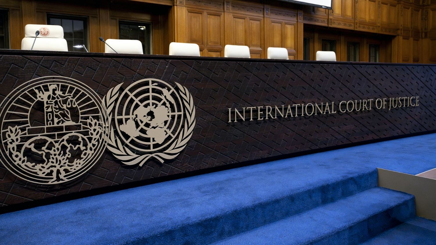 This photograph shows a view of the International Court of Justice during a hearing as part of South Africa's request for a Gaza ceasefire in The Hague on 24 May 2024.