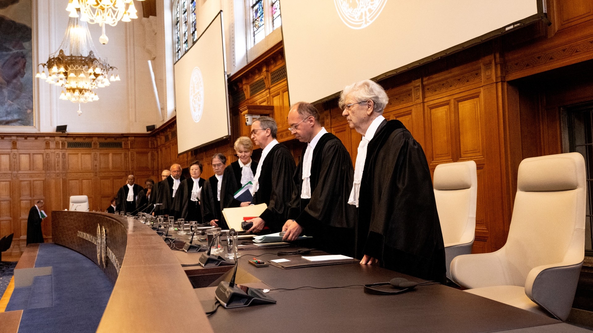 Judges arrive at the International Court of Justice (ICJ) in The Hague on 16 May 2024 to hear arguments in South Africa's case against Israel regarding its Rafah offensive (AFP/Nick Gammon)