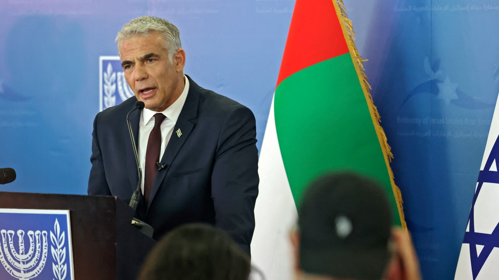 Israeli Foreign Minister Yair Lapid speaks at a press conference at the Israeli consulate in Dubai on 30 June 2021