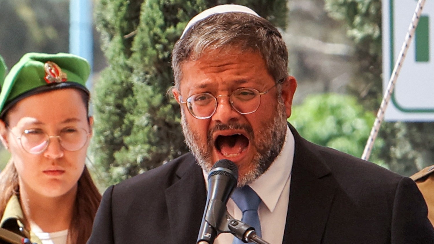 Israel's far-right National Security Minister Itamar Ben-Gvir speaks during a ceremony for Remembrance Day for fallen soldiers in Beersheba on 25 April 2023.