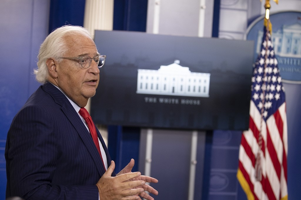 US Ambassador to Israel David Friedman speaks during a briefing at the White House on 13 August 2020.